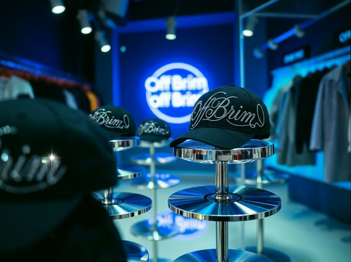 OffBrim Pop-Up — gorras en stands cromados